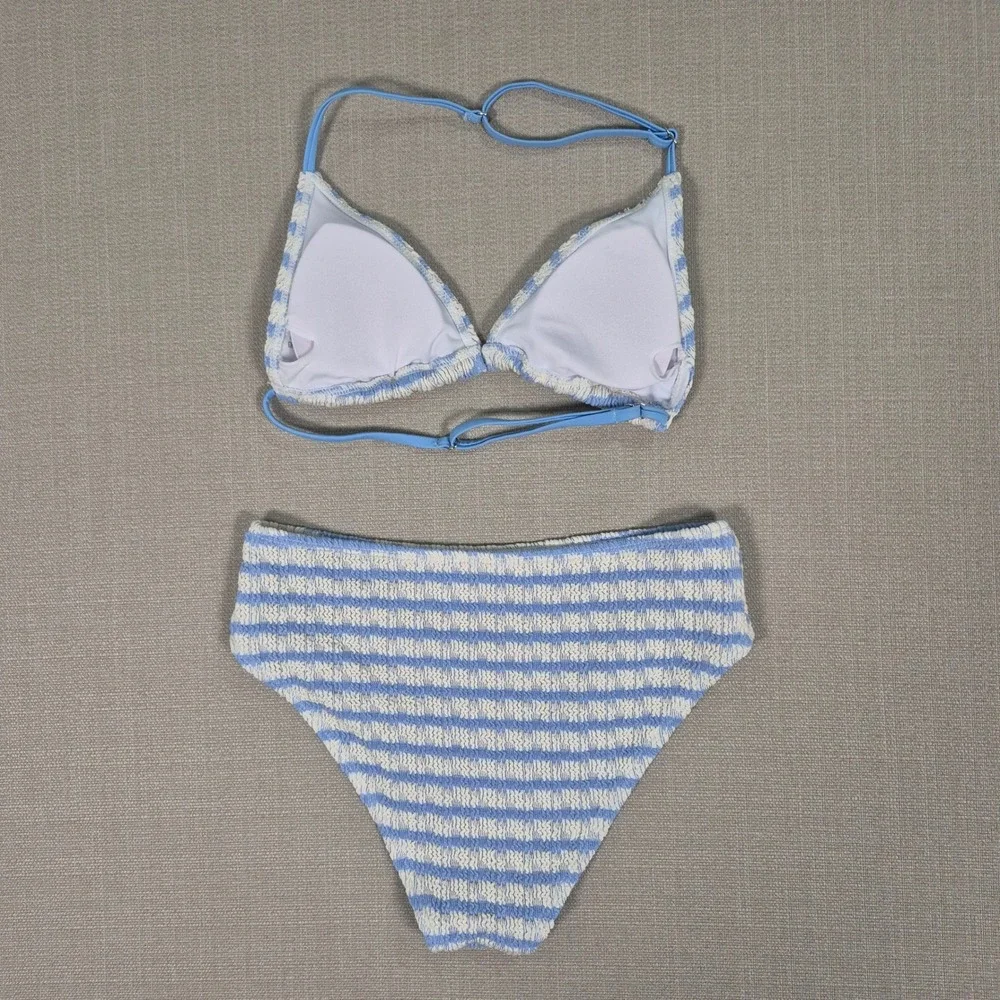 Girls Blue White Striped Smocked Halter Bikini Set Size 11Y